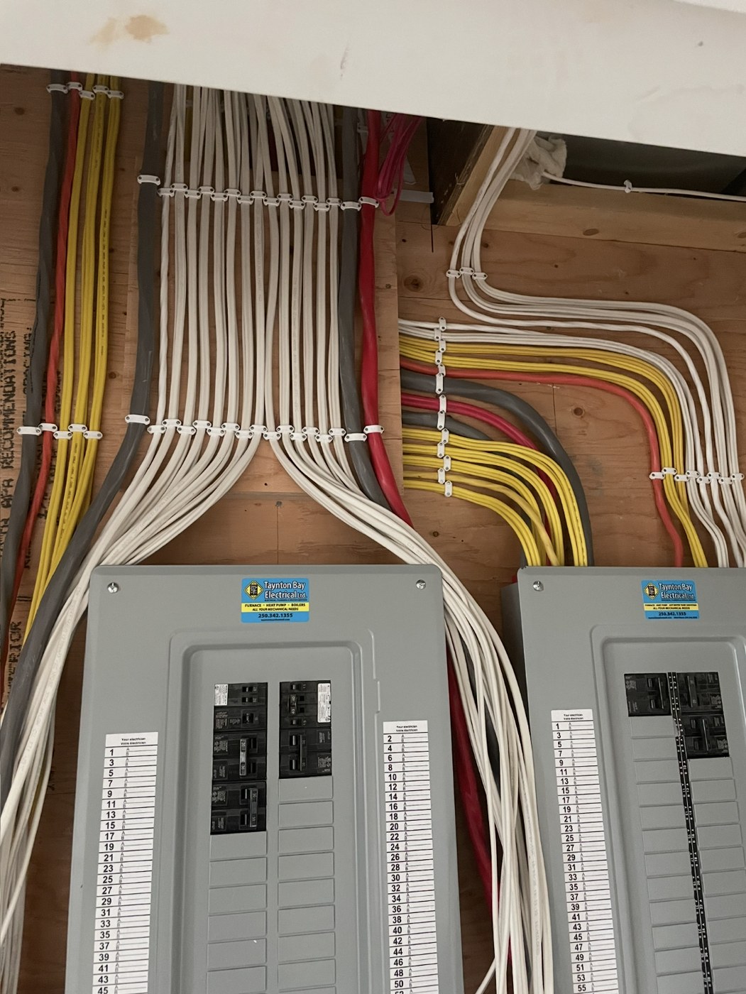 Organized panel wiring with labeled breaker panels