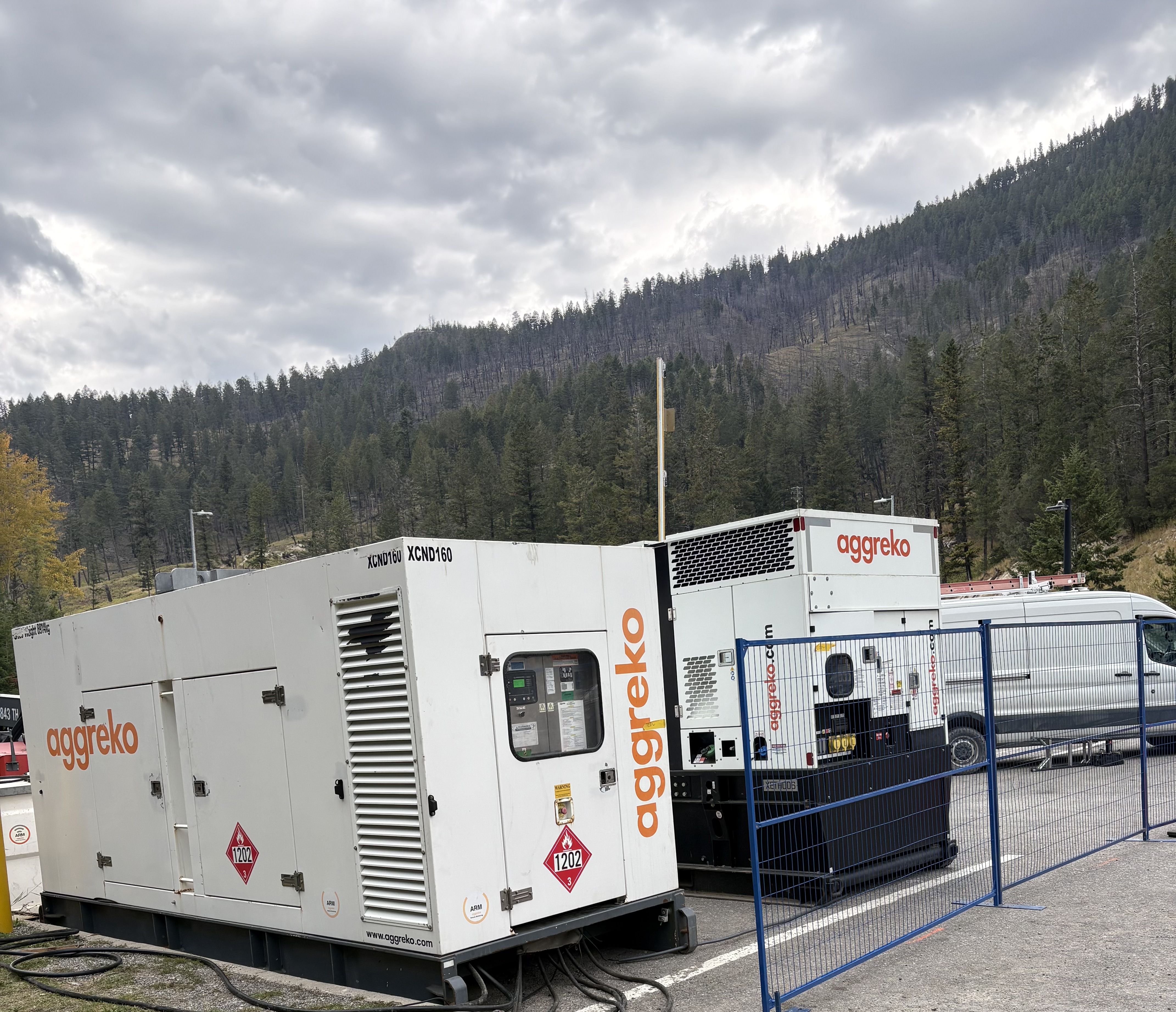 Aggreko diesel generators staged on an industrial site in the mountains